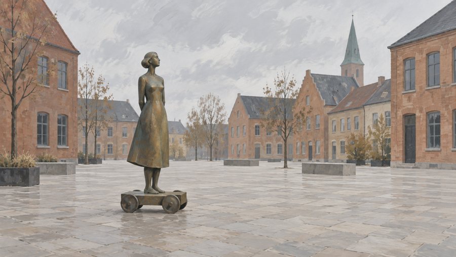 KI-generierte Illustration einer Bronzeskulptur auf einem Stadtplatz in Dänemark.